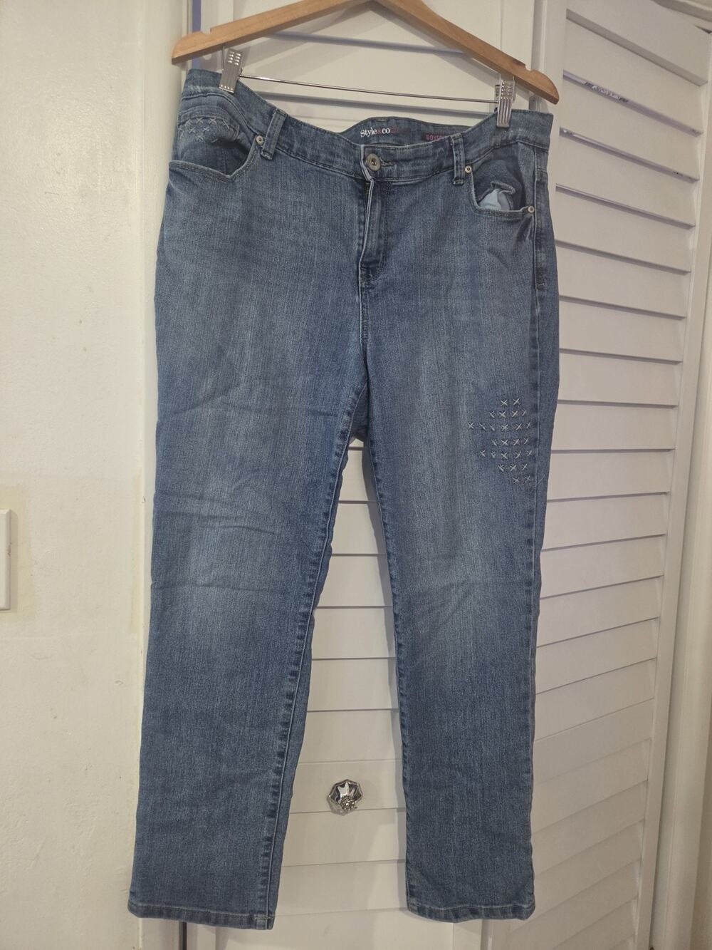 Style & Co Blue Denim Boyfriend Jeans Embroidered 5-Pocket Plus Size 14W